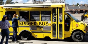Burger bus serves people in a parking lot.