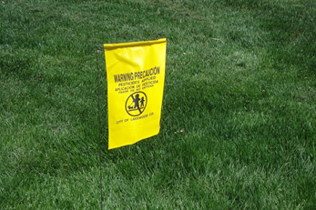 A City of Lakewood pesticide notification flag rests on grass.