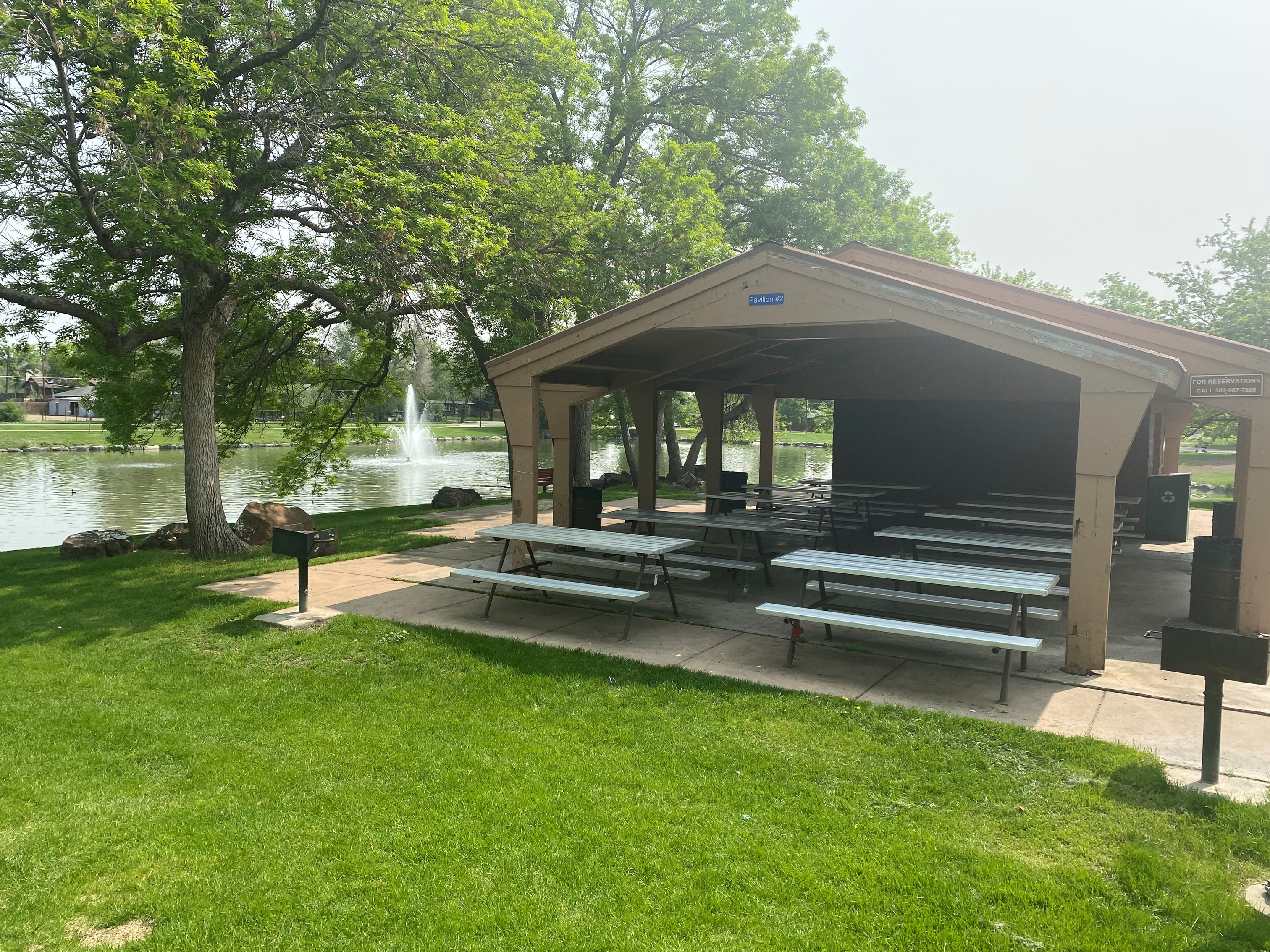 O'Kane Park reservable picnic shelter number two with pond and fountain