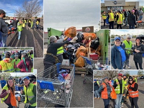 collage of people in orange and yellow vests cleaning up streets.