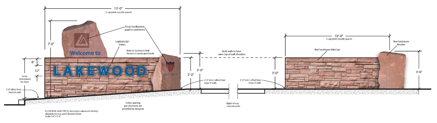 Drawing of a rock wall with the words Welcome to Lakewood and the City logo