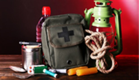 First aid backpack kit and supplies.